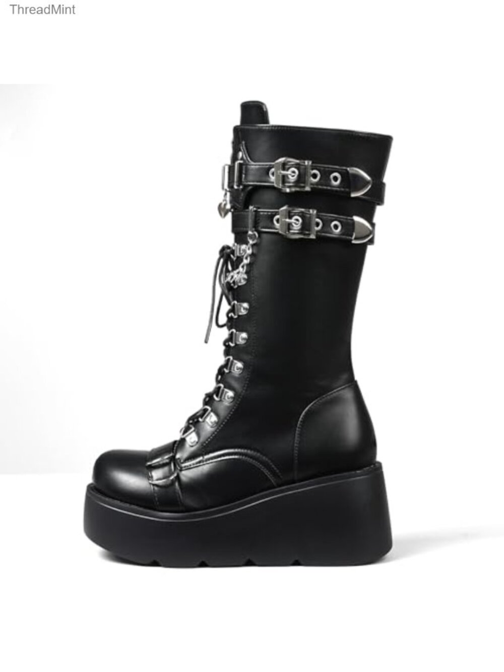 Womens Gothic Combat Boots Chunky Wedge Heel Lace Up Mid Calf Platform - Picture 4 of 6